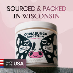 SonoHealth Cowabunga Colostrum glass with powder suggests convenient wellness use.