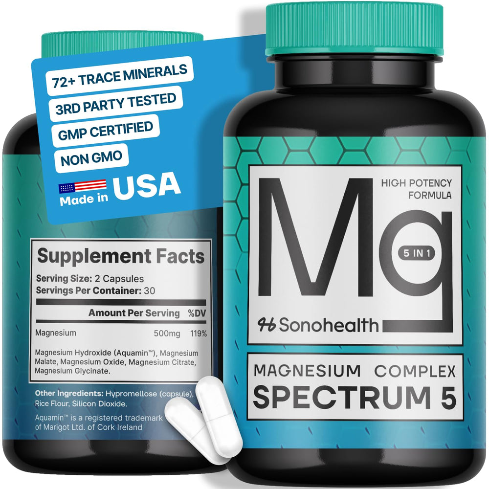SonoHealth Spectrum 5 magnesium bottle on white, ready for daily use and easy supplementation.