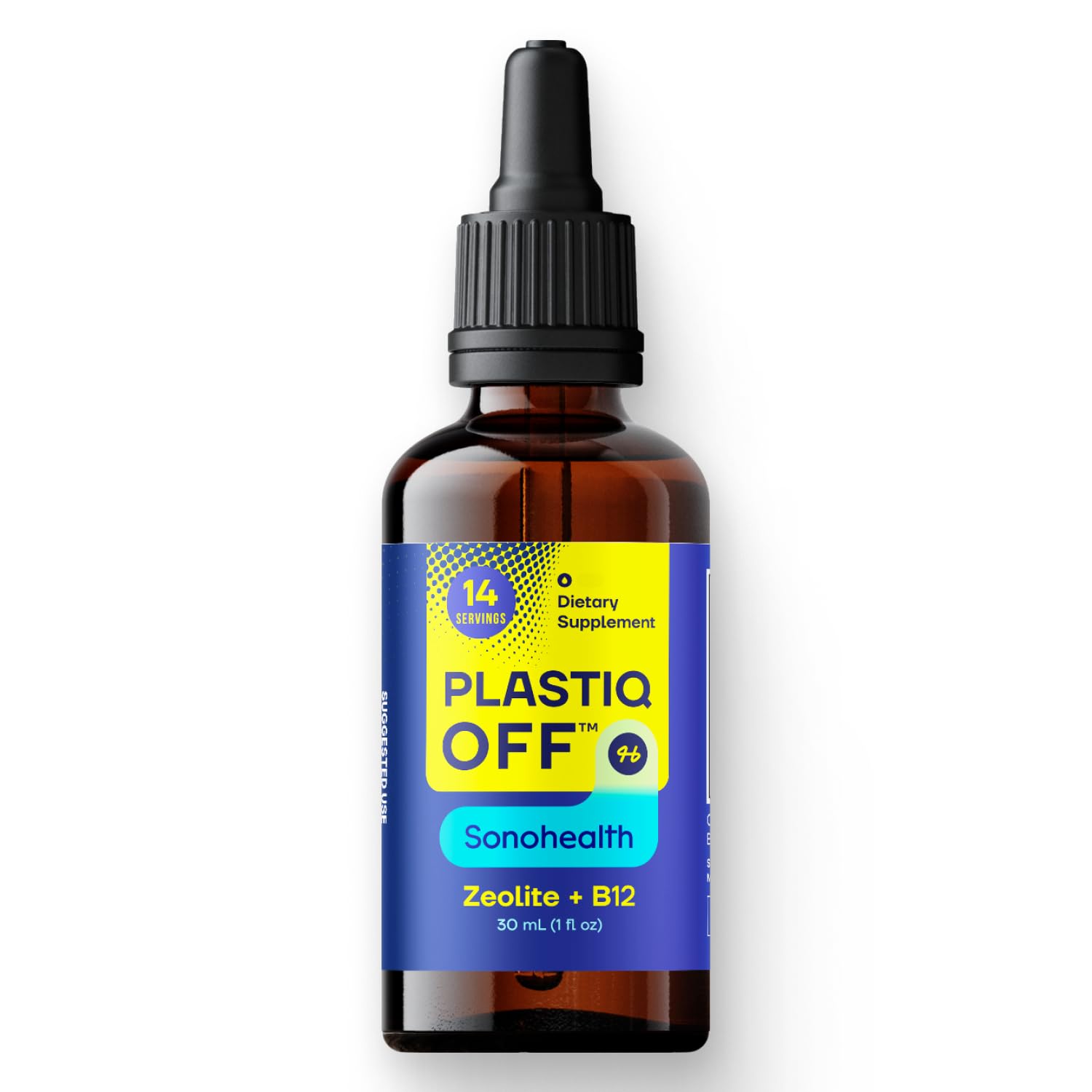 SonoHealth Plastiq Off Zeolite drops poured into water for daily detox support.