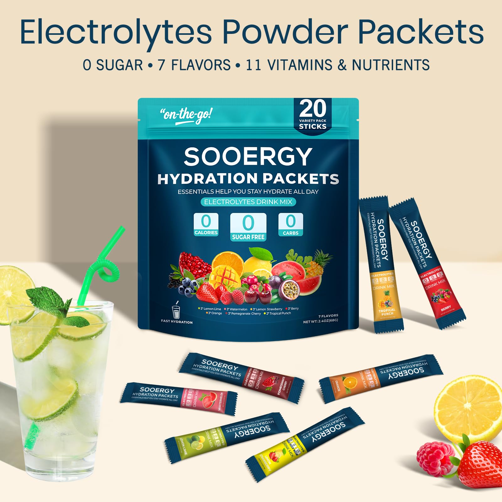 Sooergy seven fruit flavors offer tasty hydration for daily activities.