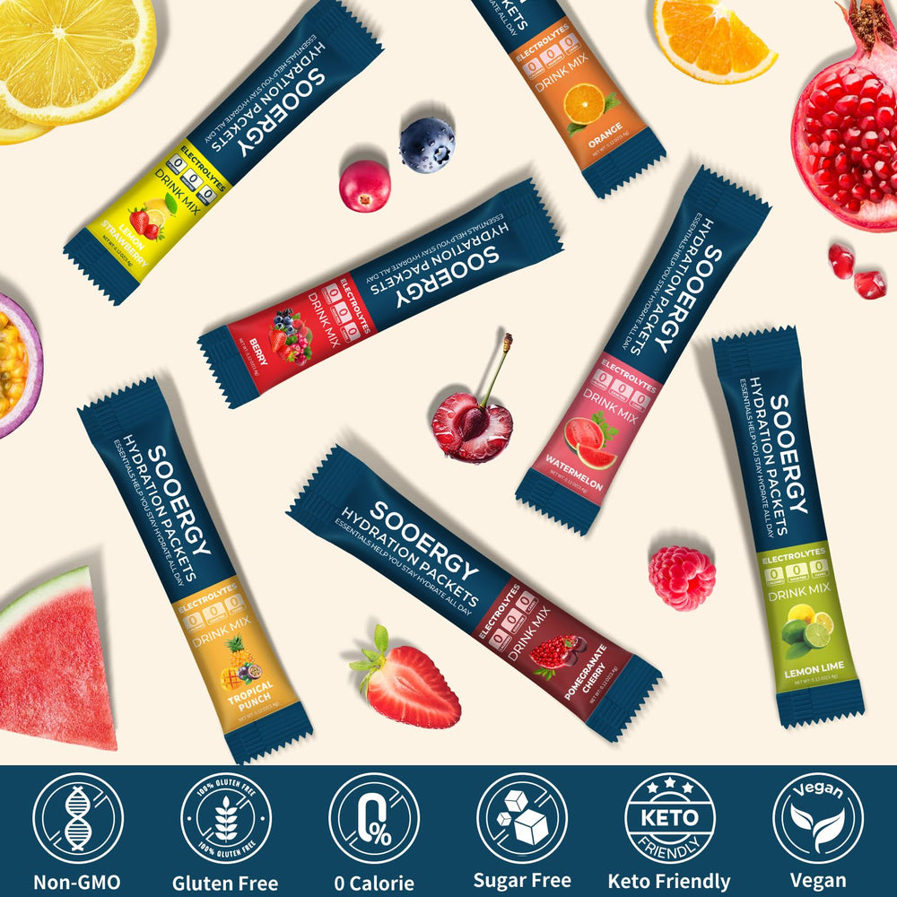 Sooergy on-the-go hydration sticks fit travel bags and workouts.