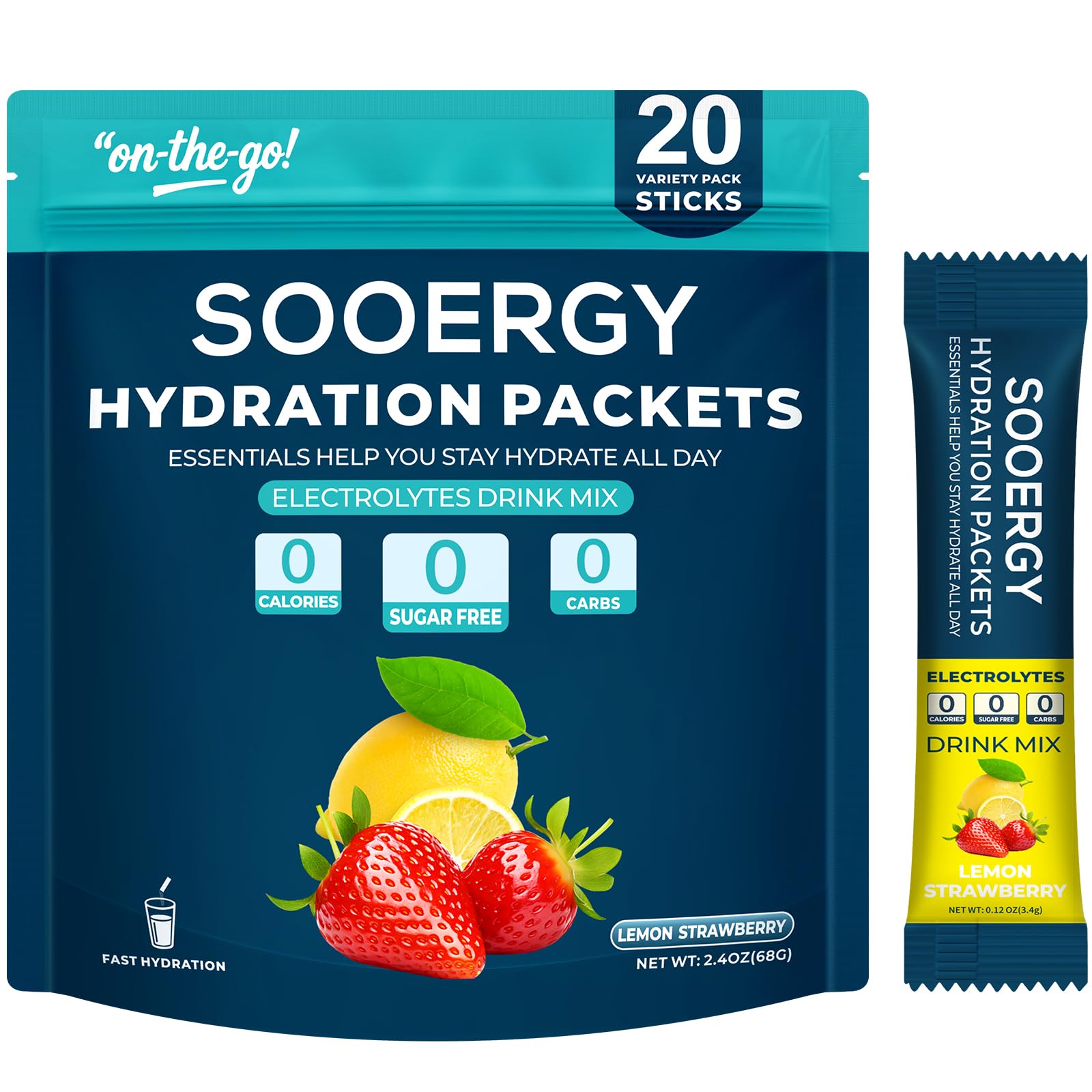 Sooergy Lemon Strawberry electrolyte packets ready to mix for quick hydration.