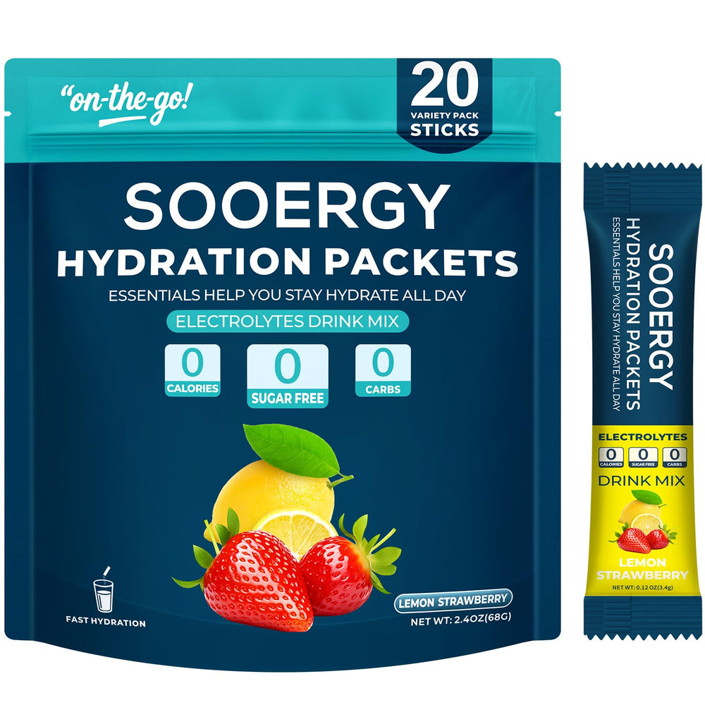 Sooergy Lemon Strawberry electrolyte packets ready to mix for quick hydration.