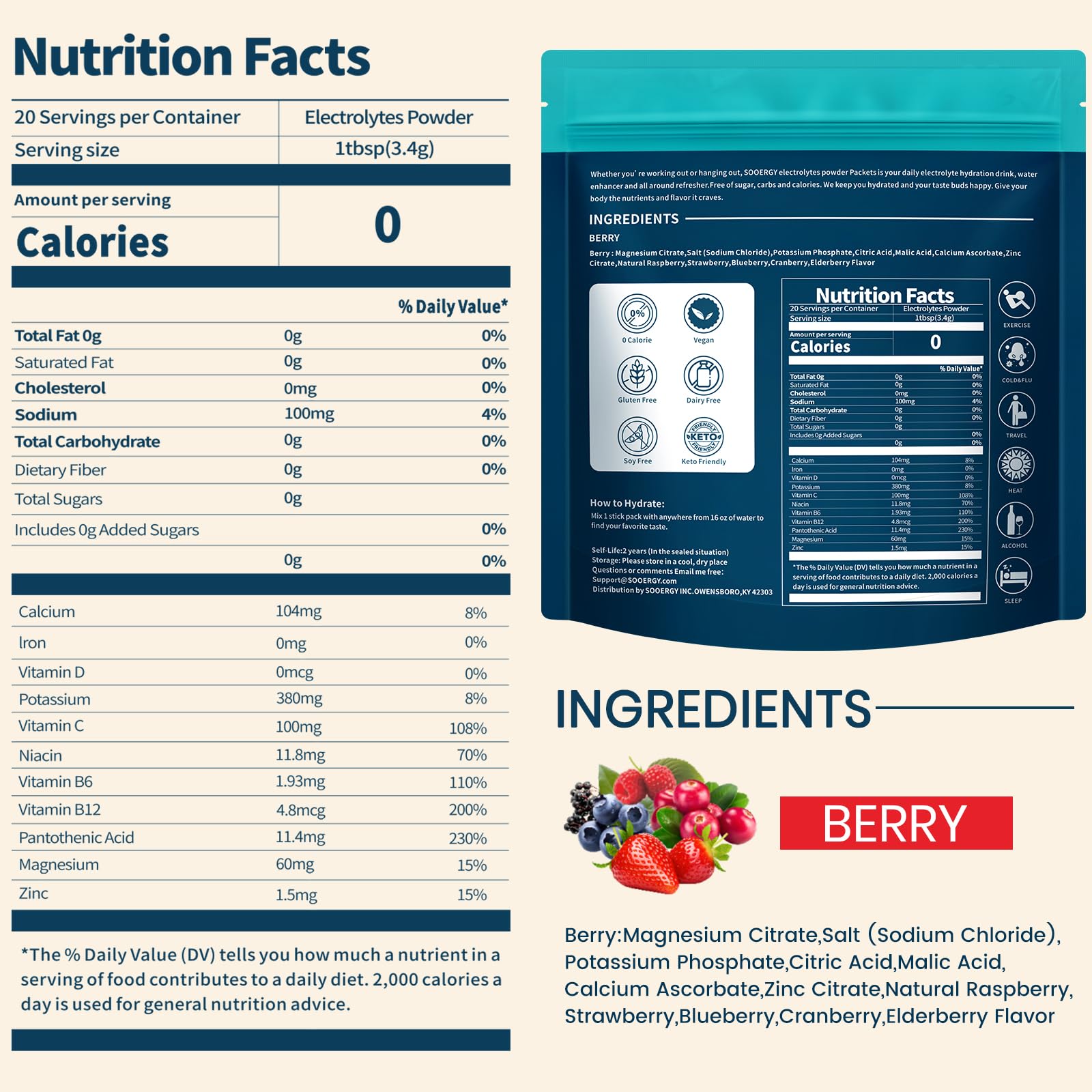 Sooergy mix berry flavor in a glass of refreshing hydration.