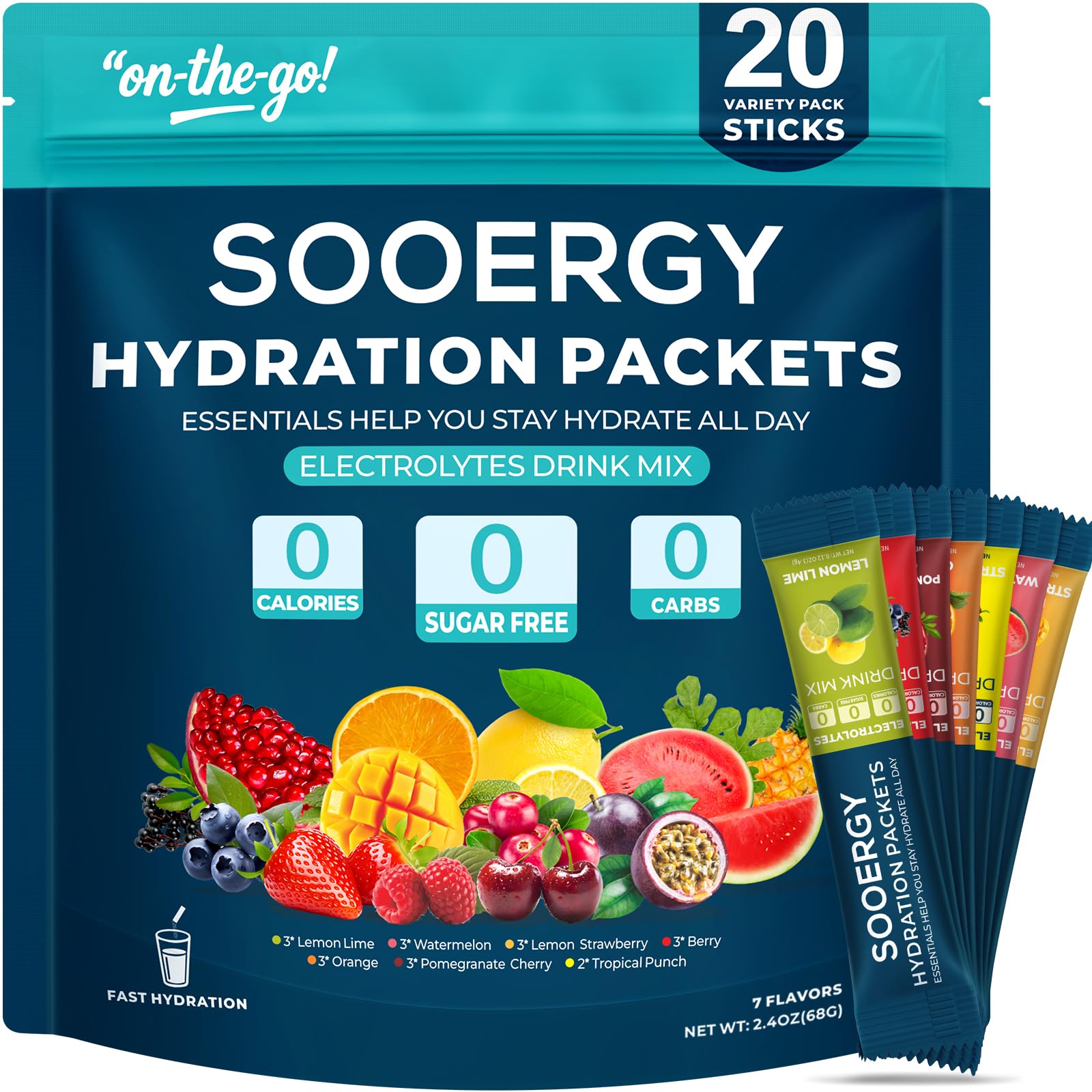 Sooergy electrolytes packets variety flavors for quick, refreshing hydration.