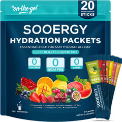 Sooergy electrolytes packets variety flavors for quick, refreshing hydration.