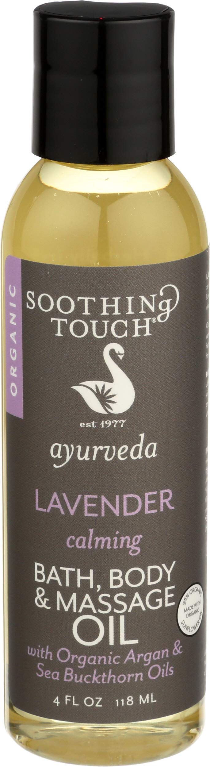 Soothing Touch Ayurveda lavender bath oil bottle close-up for relaxation