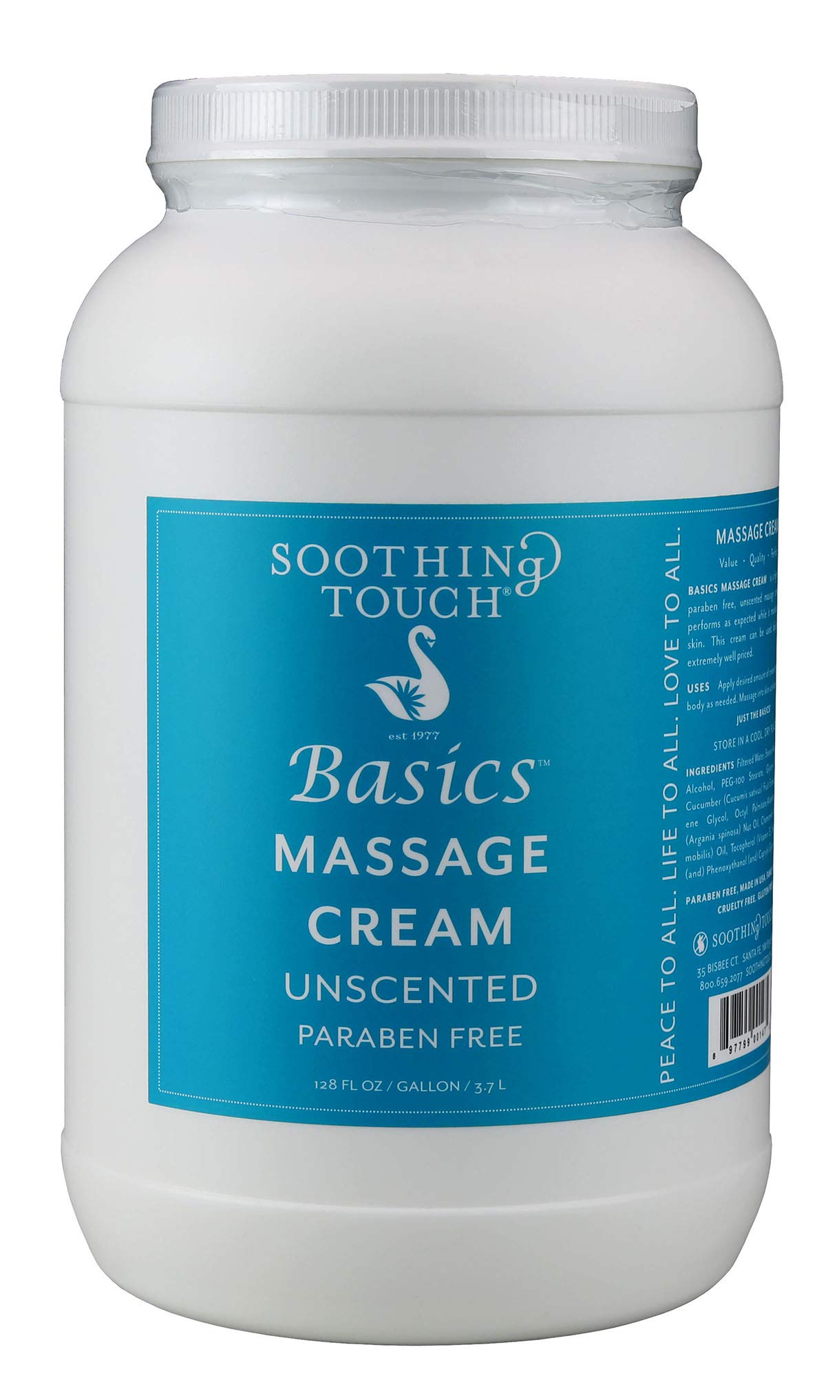 Soothing Touch Basics Unscented Massage Cream in a 1-gallon container for smooth, professional massages.