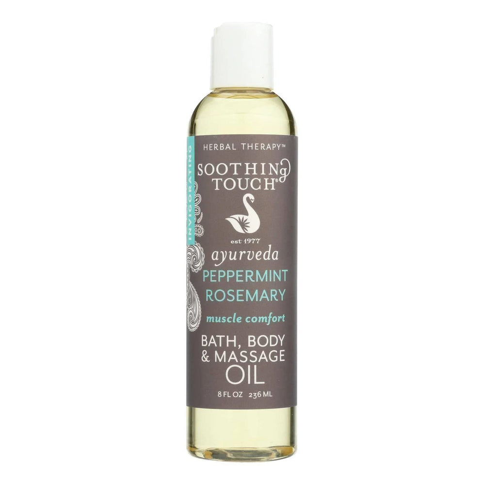 Soothing Touch Muscle Comfort bath oil bottle for soothing relaxation and skin softness.