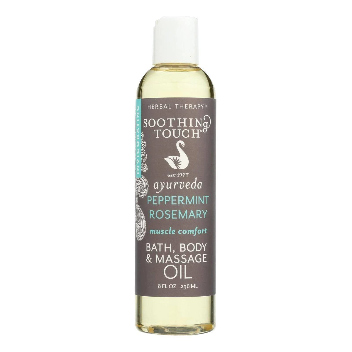 Soothing Touch Muscle Comfort bath oil bottle for soothing relaxation and skin softness.