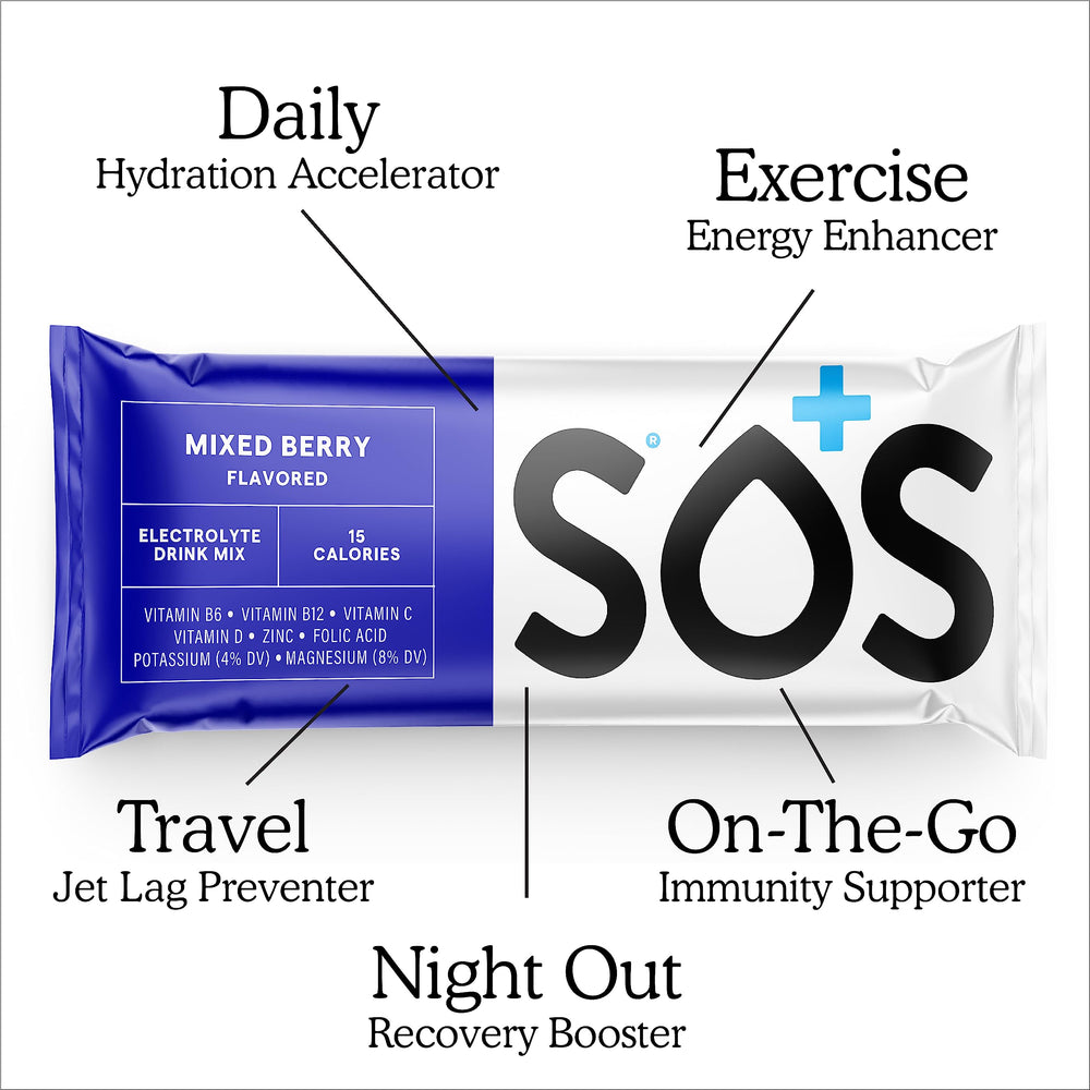 Sos Hydration low-sugar formula label emphasizes a clean hydration option.