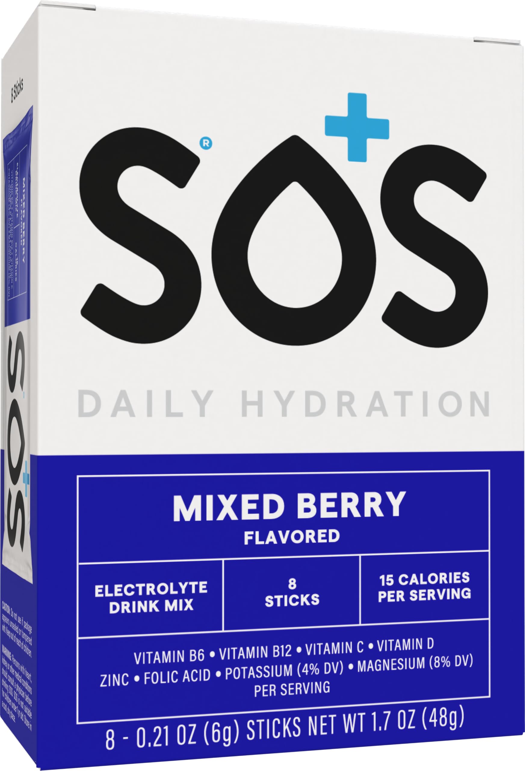 Sos Hydration mixed-berry powder dissolving in water for a refreshing sip.