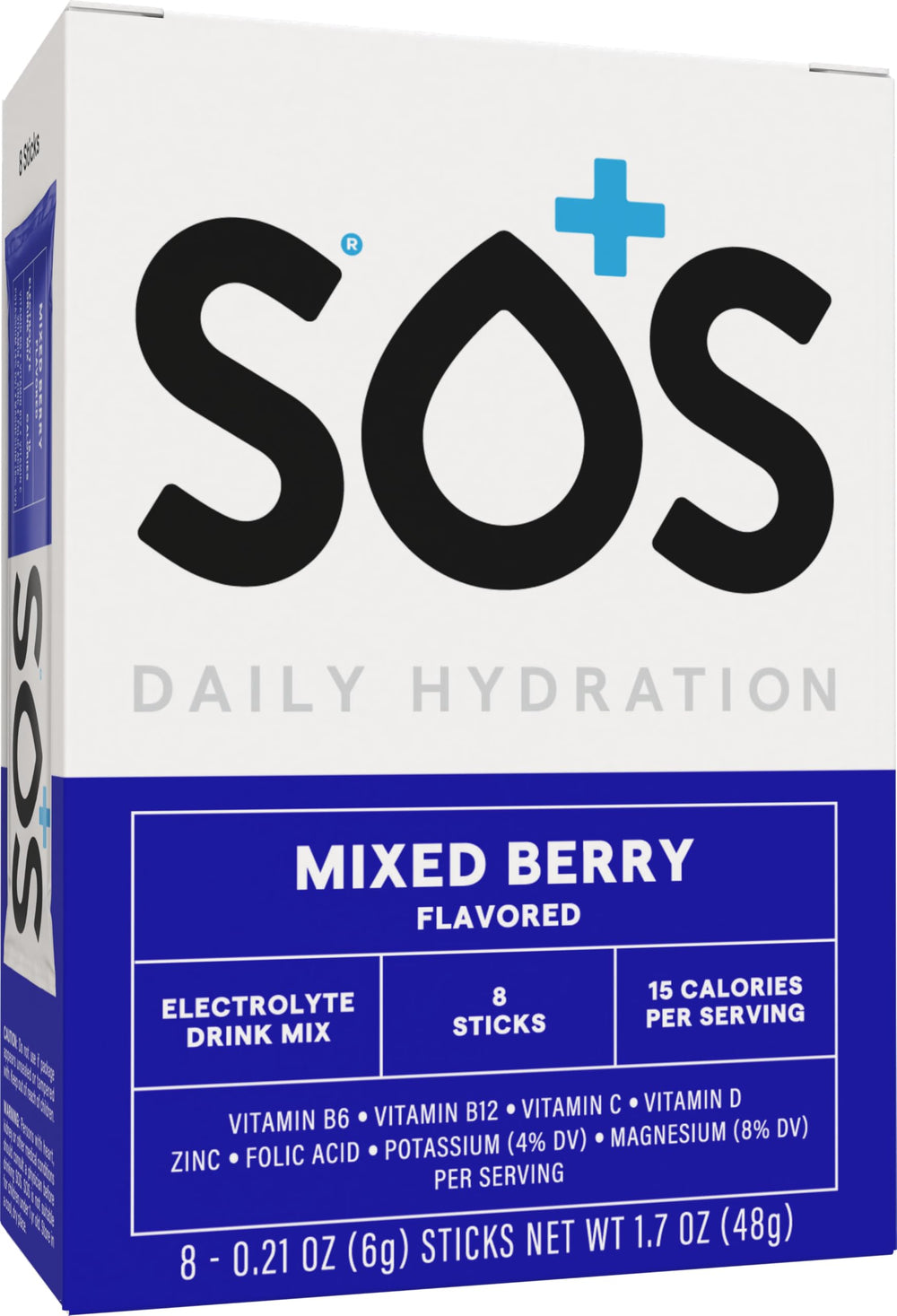 Sos Hydration stick packets for quick, mess-free hydration on the go.