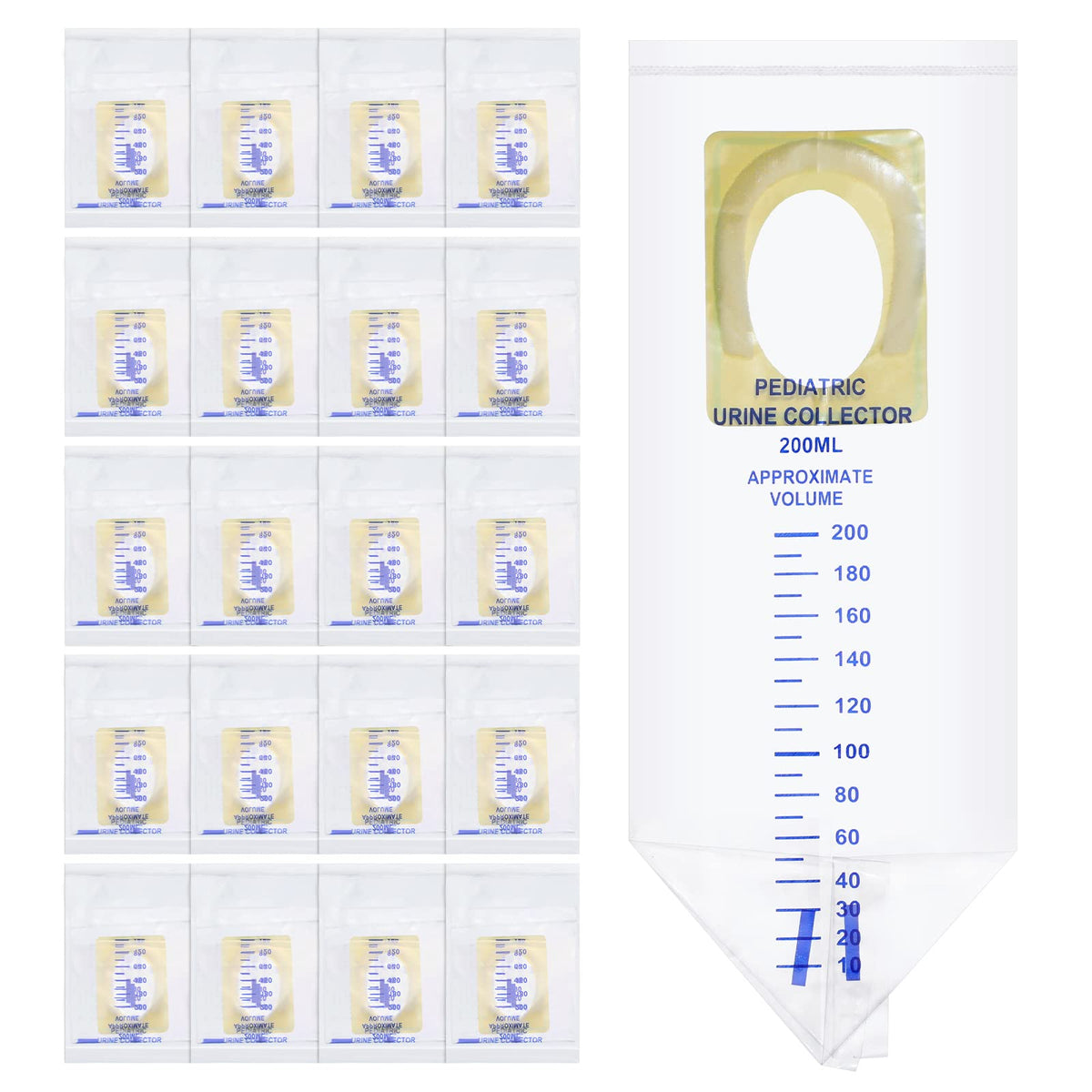 Sosation pediatric urine bag collectors, 20-pack, clear scale for quick observation during travel.