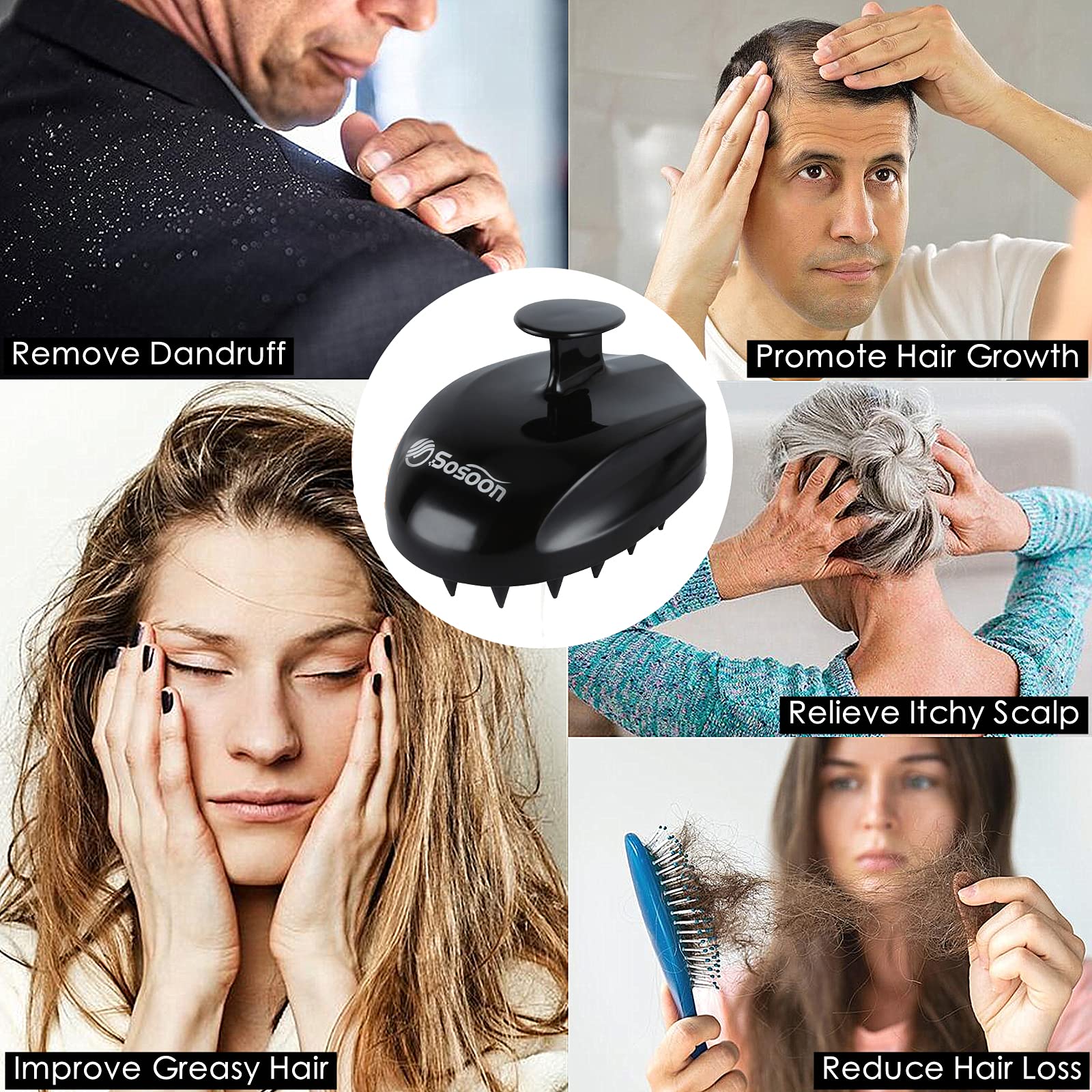 Sosoon wet-dry use scalp scrubber versatile for shower or air-dried routines.
