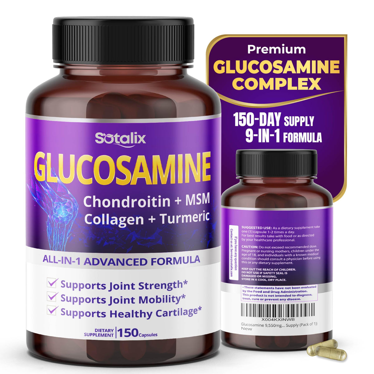 Sotalix Glucosamine 650mg bottle with front label supports daily joint comfort.