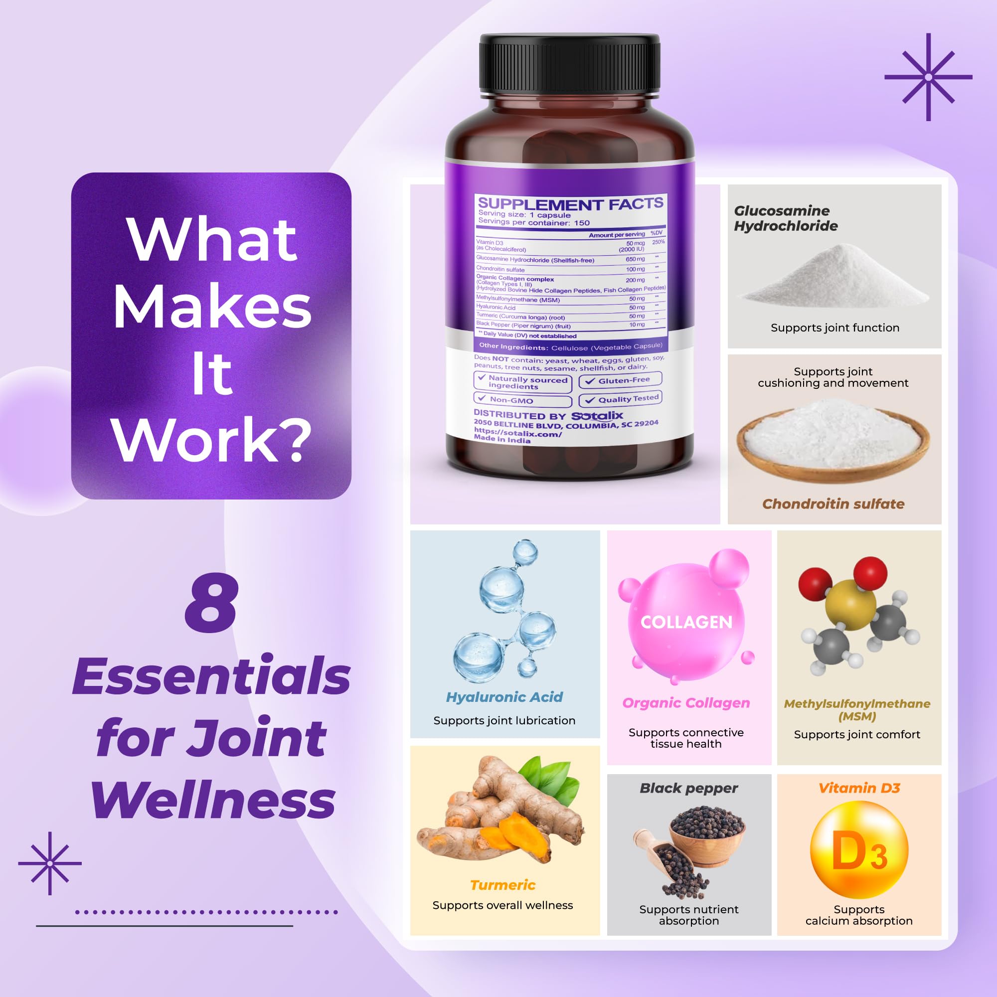 Eight-in-one ingredients panel highlights chondroitin, MSM, collagen, turmeric, and more.