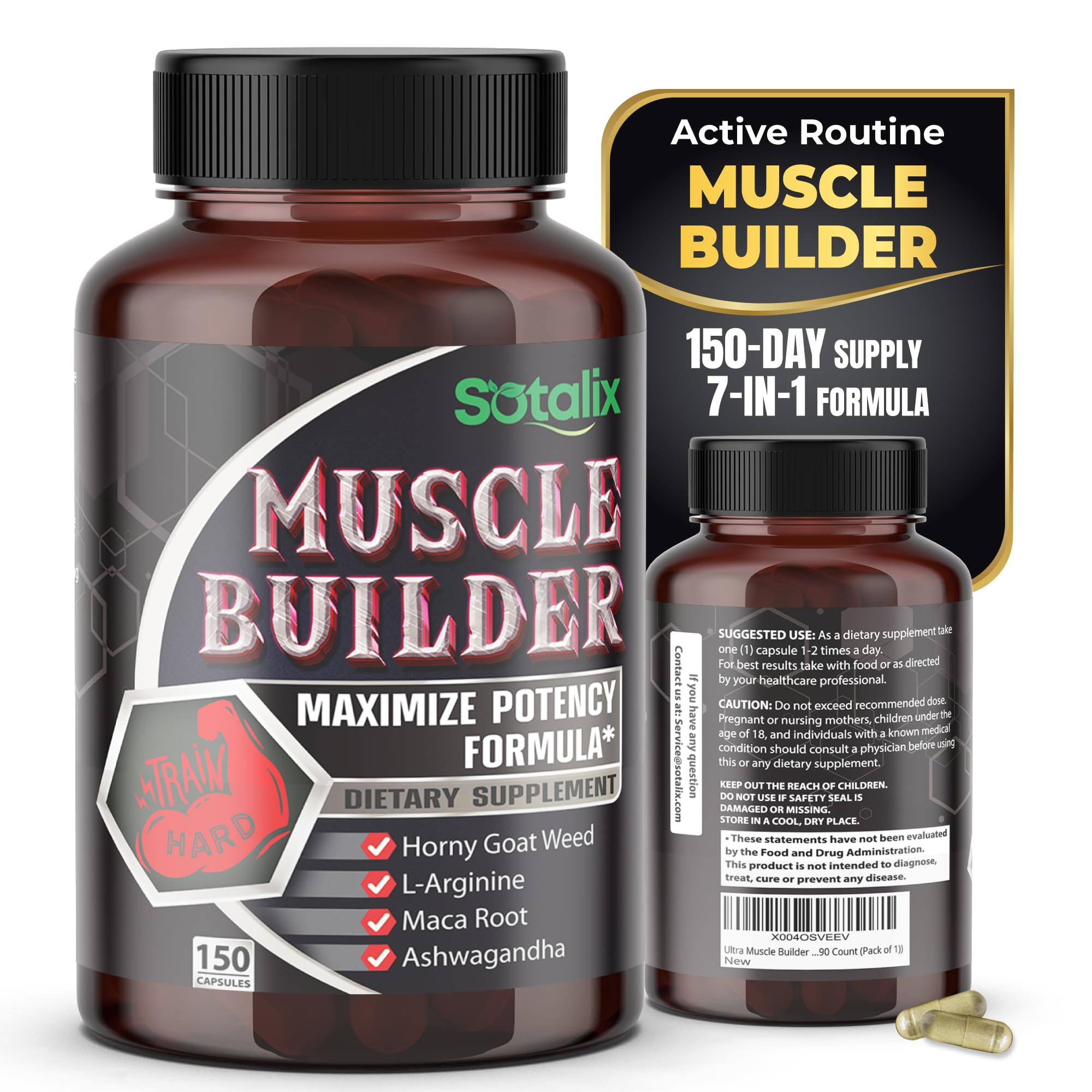 Sotalix Muscle Builder bottle front label showing 150 capsules for daily training support