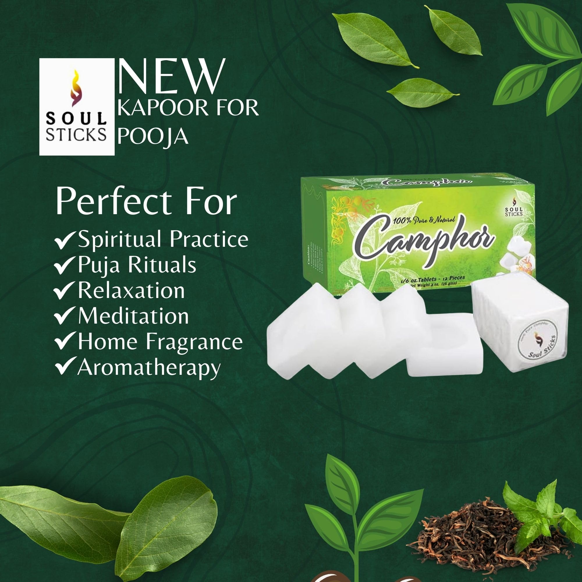 Soul Sticks camphor tablets pack shown for versatile ritual and fragrance use.