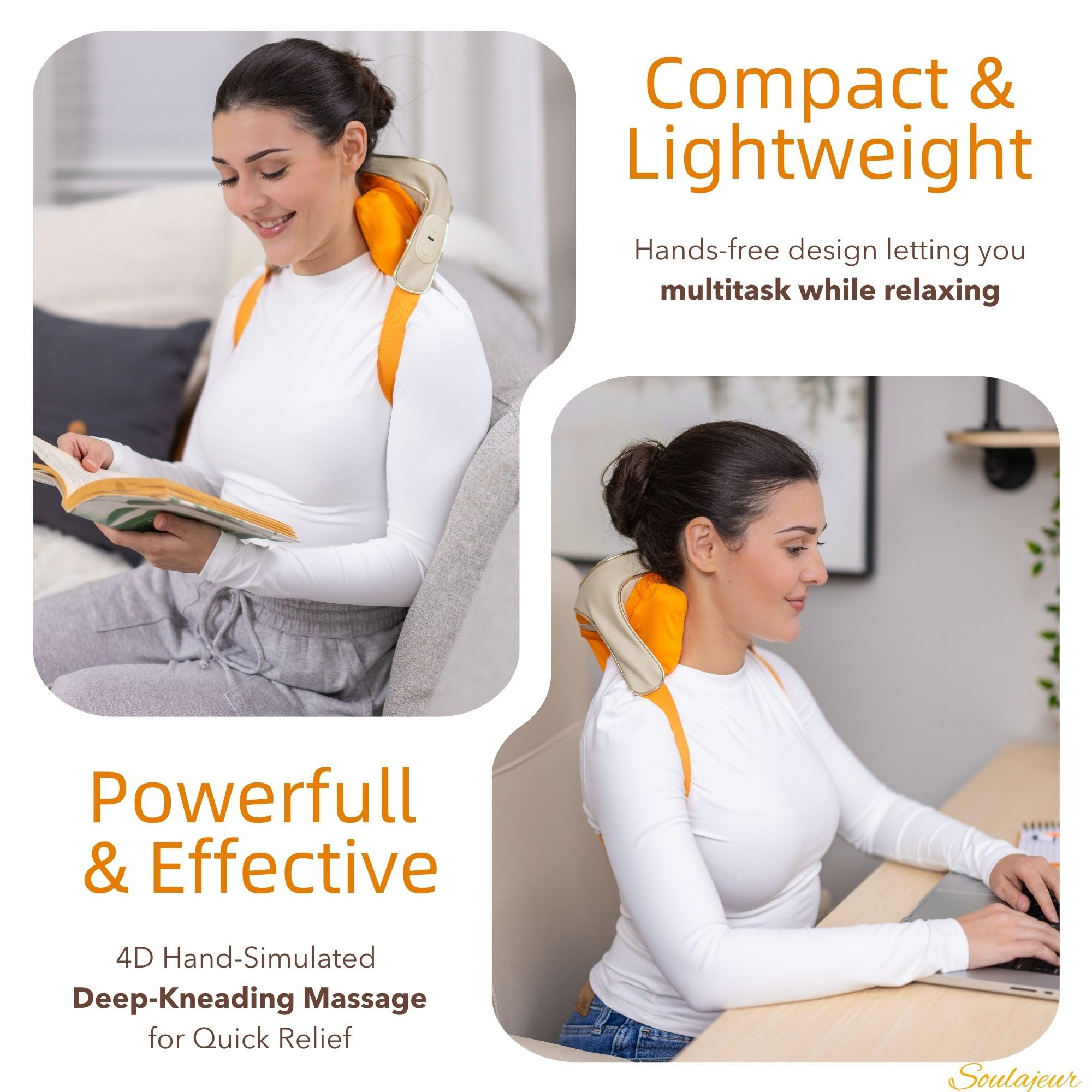 Soulajeur shoulder massager with hands-free strap for desk use.