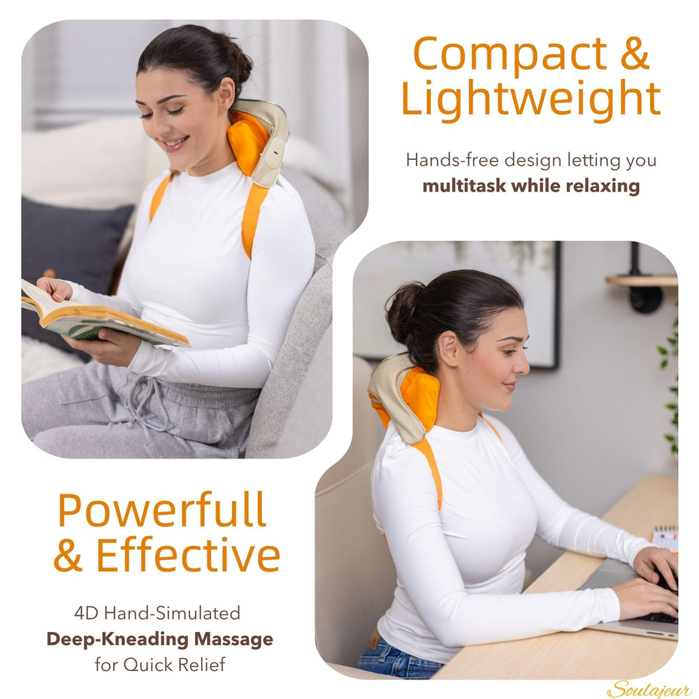 Soulajeur shoulder massager with hands-free strap for desk use.