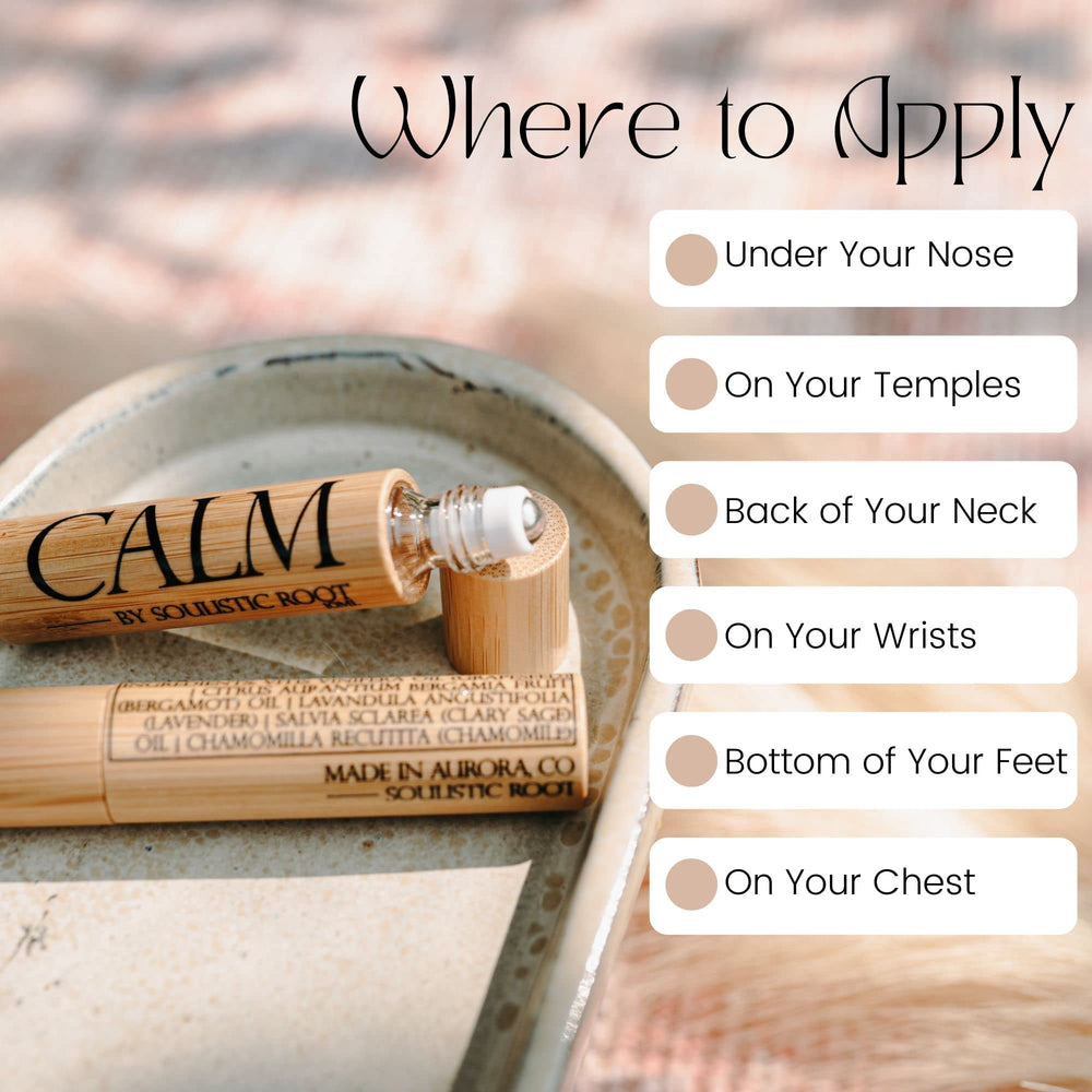 Soulistic Root Calm apply-temples for quick mood balance.
