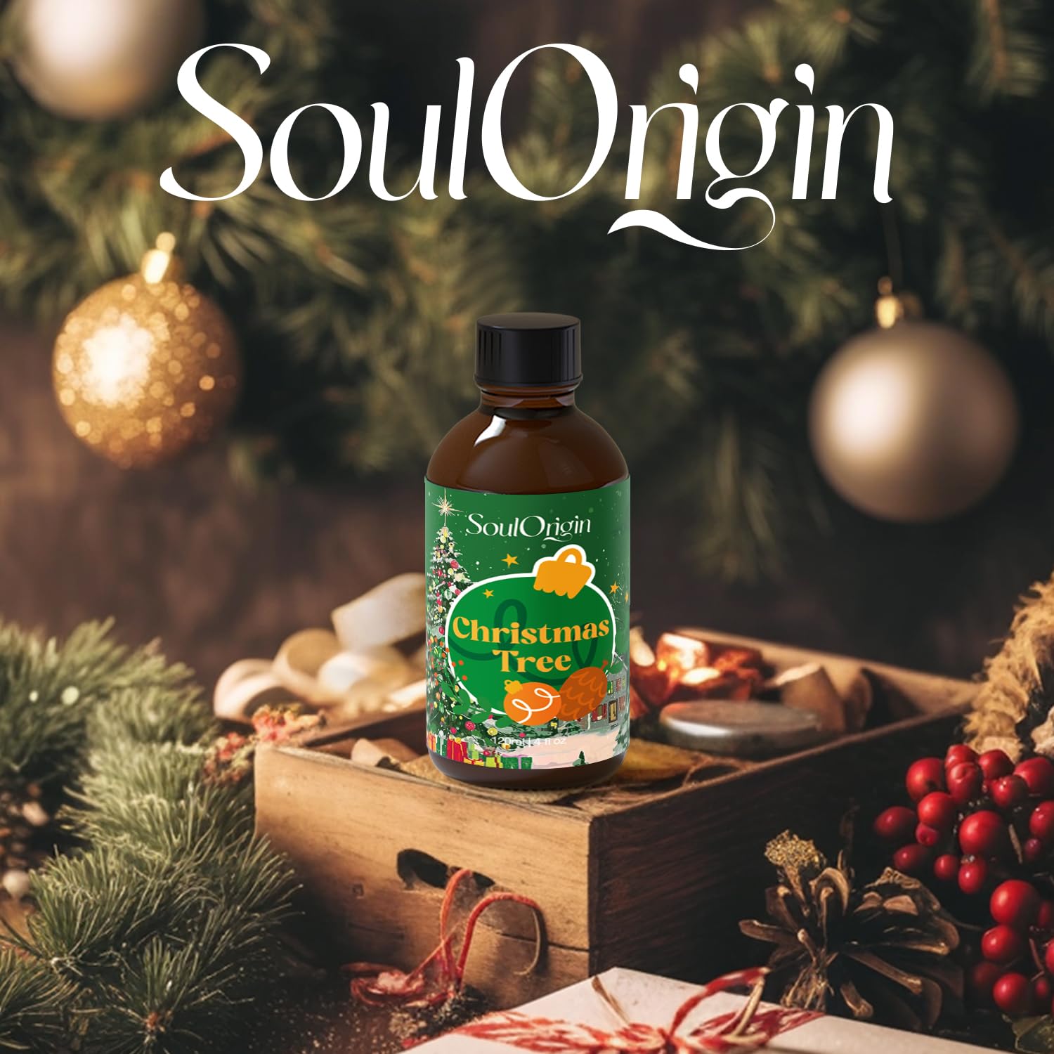 SoulOrigin natural ingredients label emphasizing pure additive-free Christmas tree oil