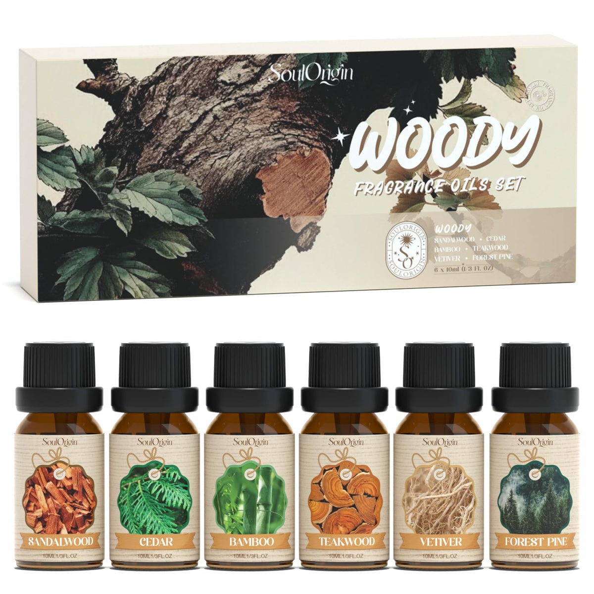 SoulOrigin Woody Oils Set sandalwood bottle for grounding ambiance