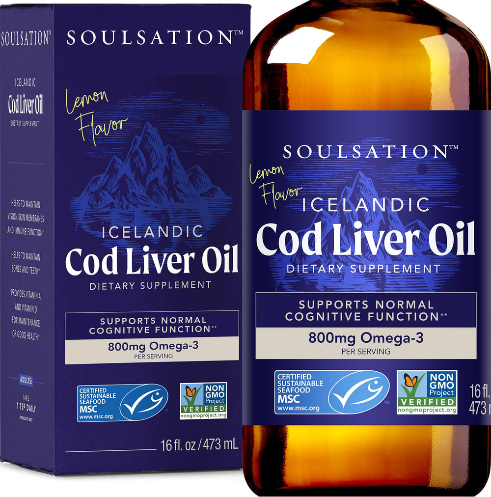 SOULSATION Icelandic Cod Liver Oil Lemon bottle, a sustainable omega-3 source for daily wellness.