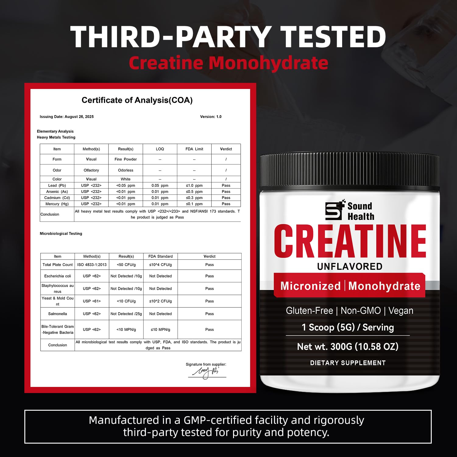 Sound Health Organic creatina-monohidratada-pura, mezcla rápida en agua sin grumos