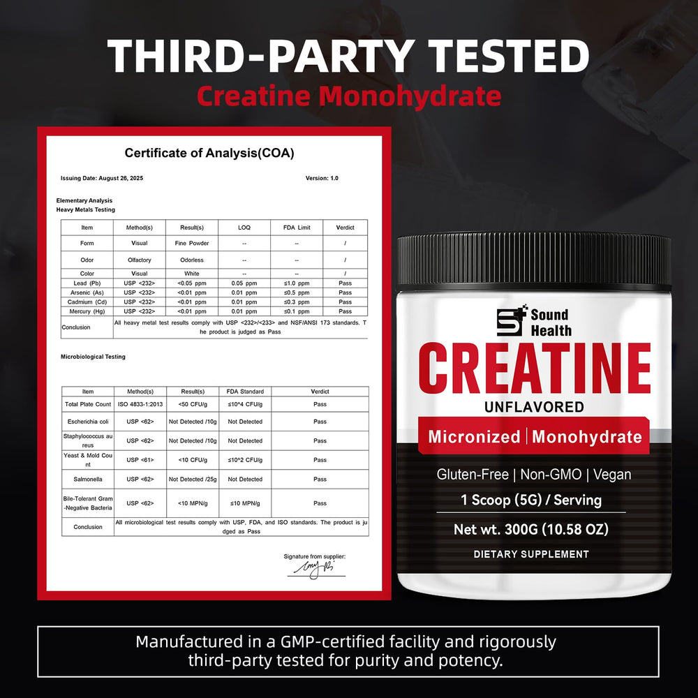 Sound Health Organic creatina-monohidratada-pura, mezcla rápida en agua sin grumos