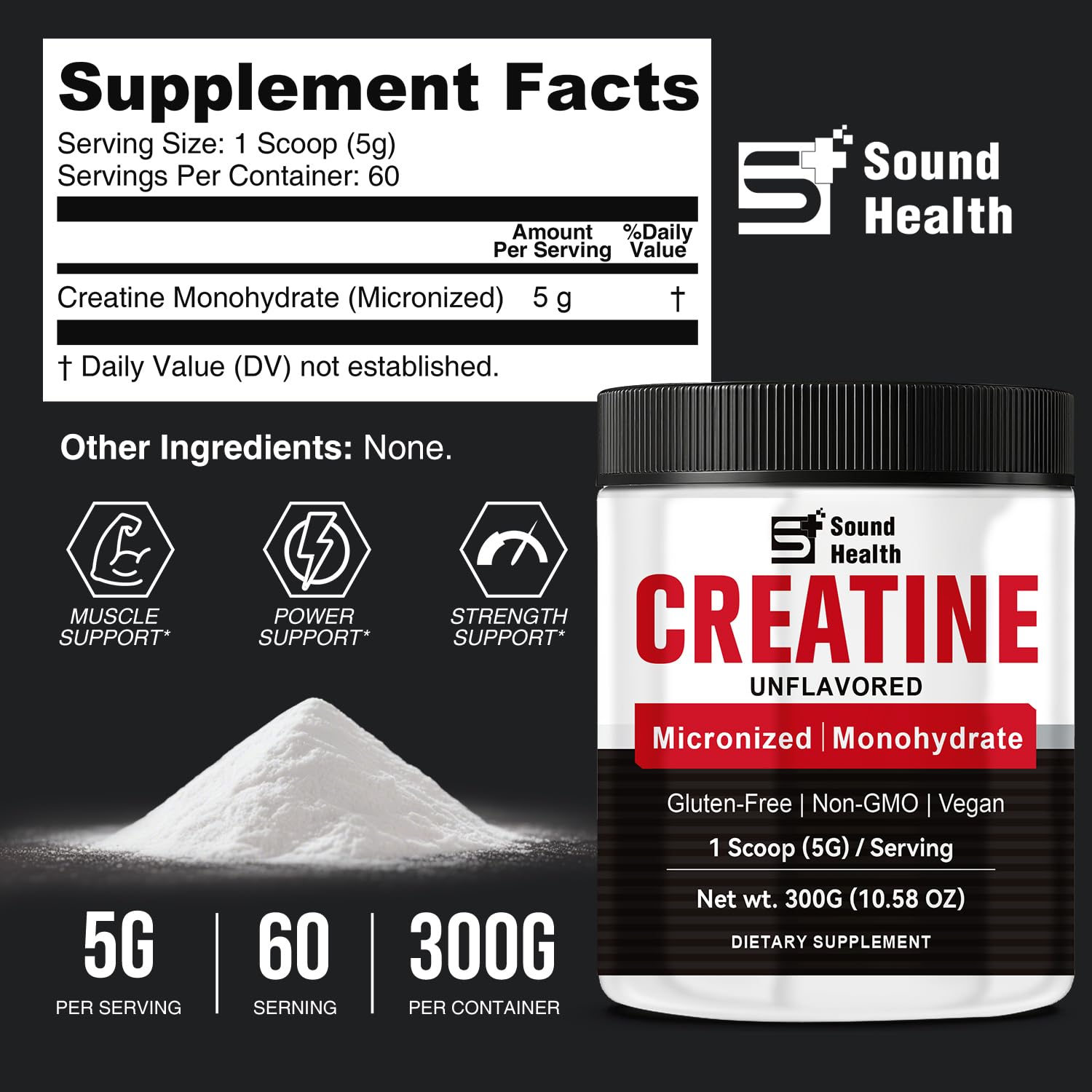 Sound Health Organic creatina-monohidratada-pura con cuchara de dosificación para uso diario