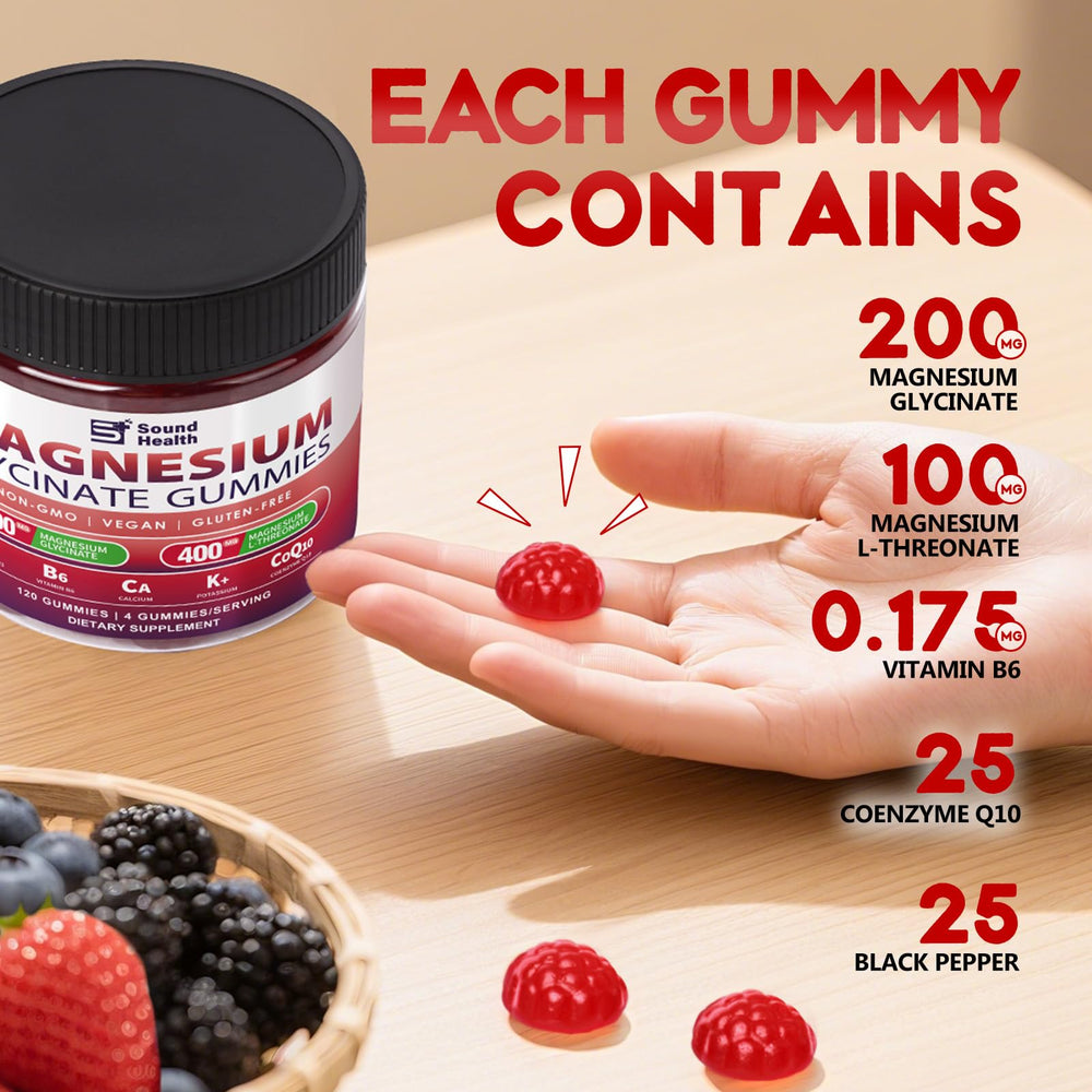 Vitamin icons on Sound Health Plus gummies highlighting D3 and B6 support