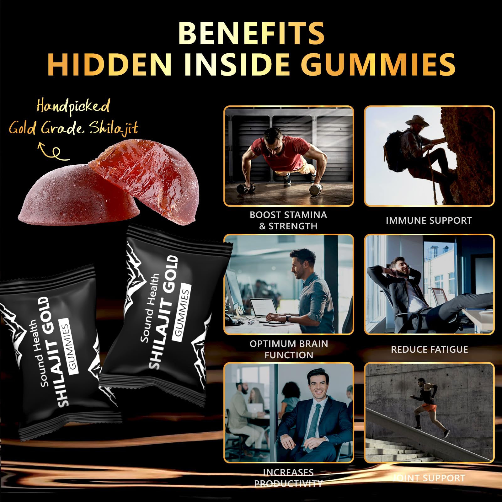 Sound Health Plus Shilajit Gold Gummies on-the-go packaging for daily energy.