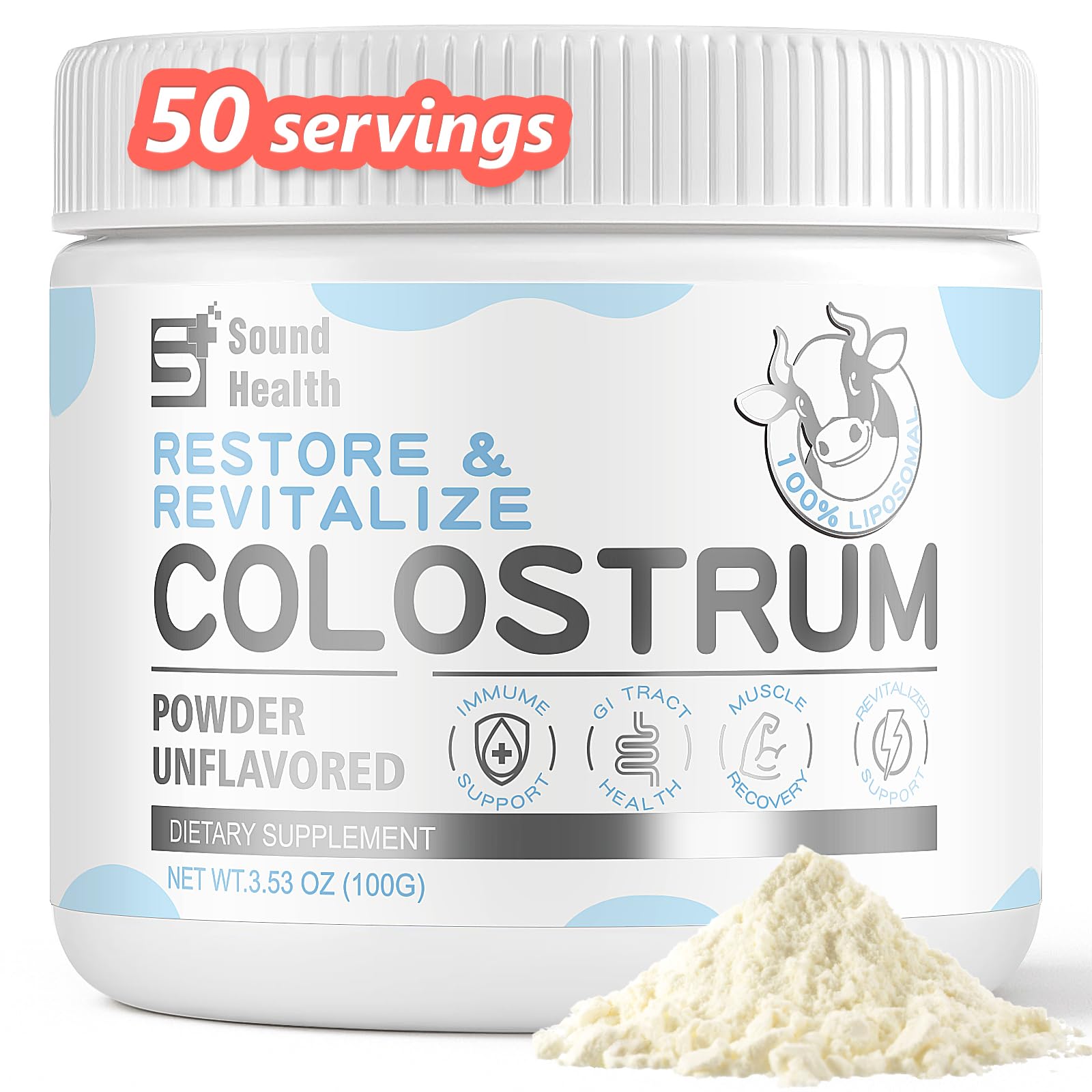 Sound Health Colostrum powder bottle supports gut health and immune balance.