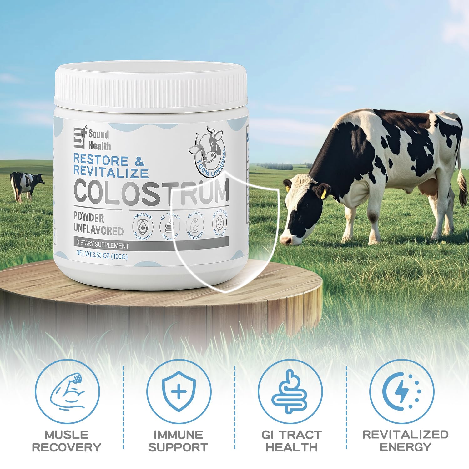Sound Health Colostrum powder jar close-up highlights premium unflavored formula.