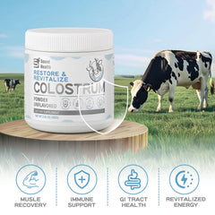 Sound Health Colostrum powder jar close-up highlights premium unflavored formula.