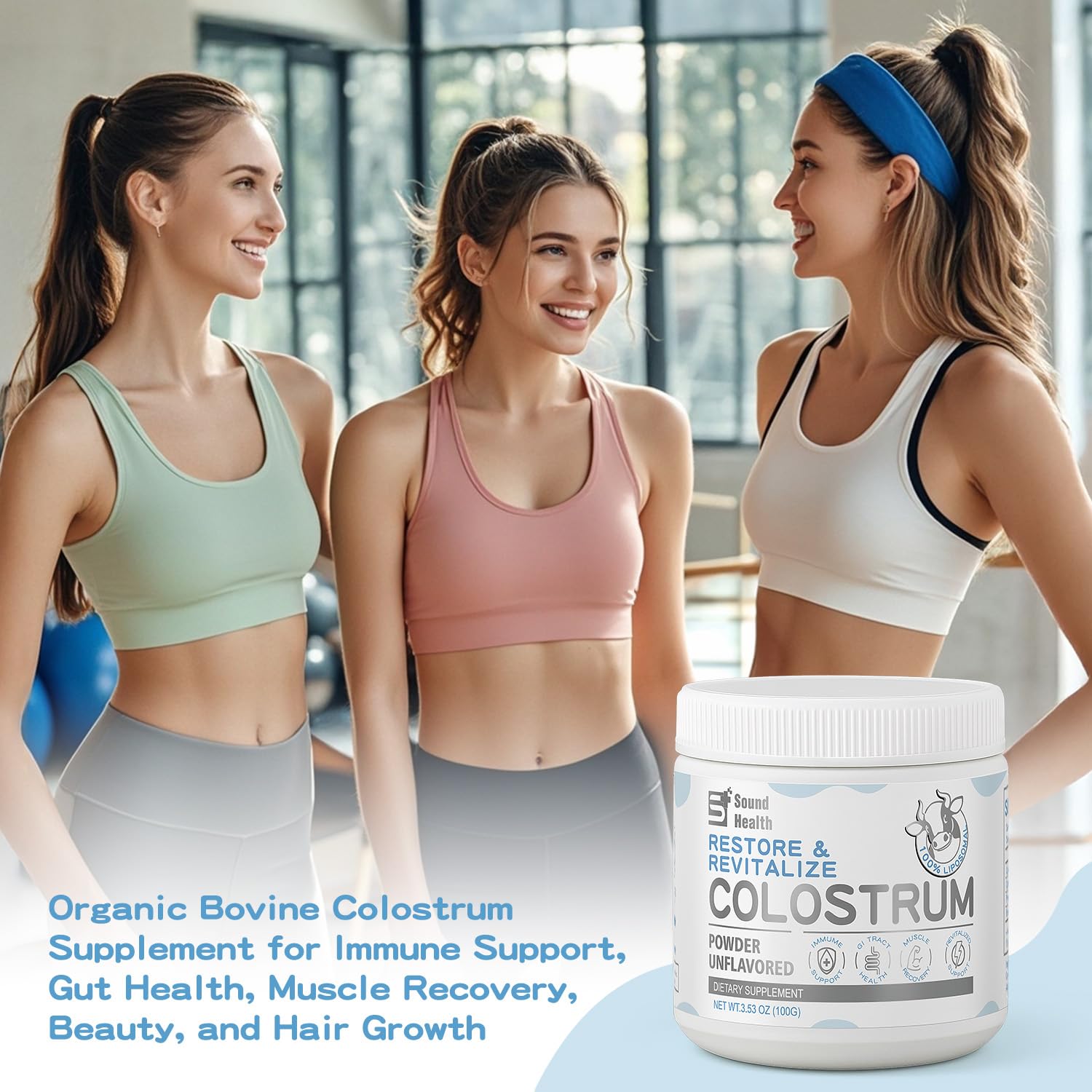 Sound Health Colostrum powder poured beside fresh fruit for a beauty routine.