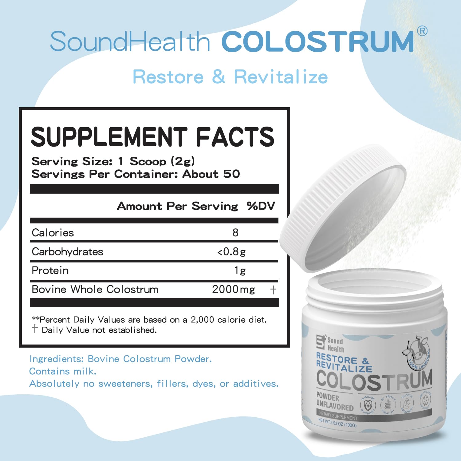 Sound Health Colostrum powder scoop for easy daily dosing and consistent intake.