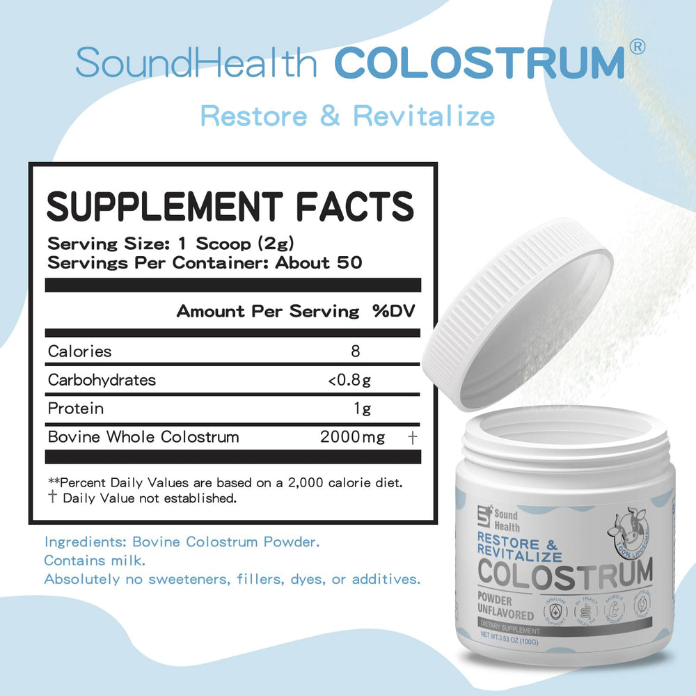 Sound Health Colostrum powder scoop for easy daily dosing and consistent intake.