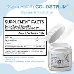 Sound Health Colostrum powder scoop for easy daily dosing and consistent intake.