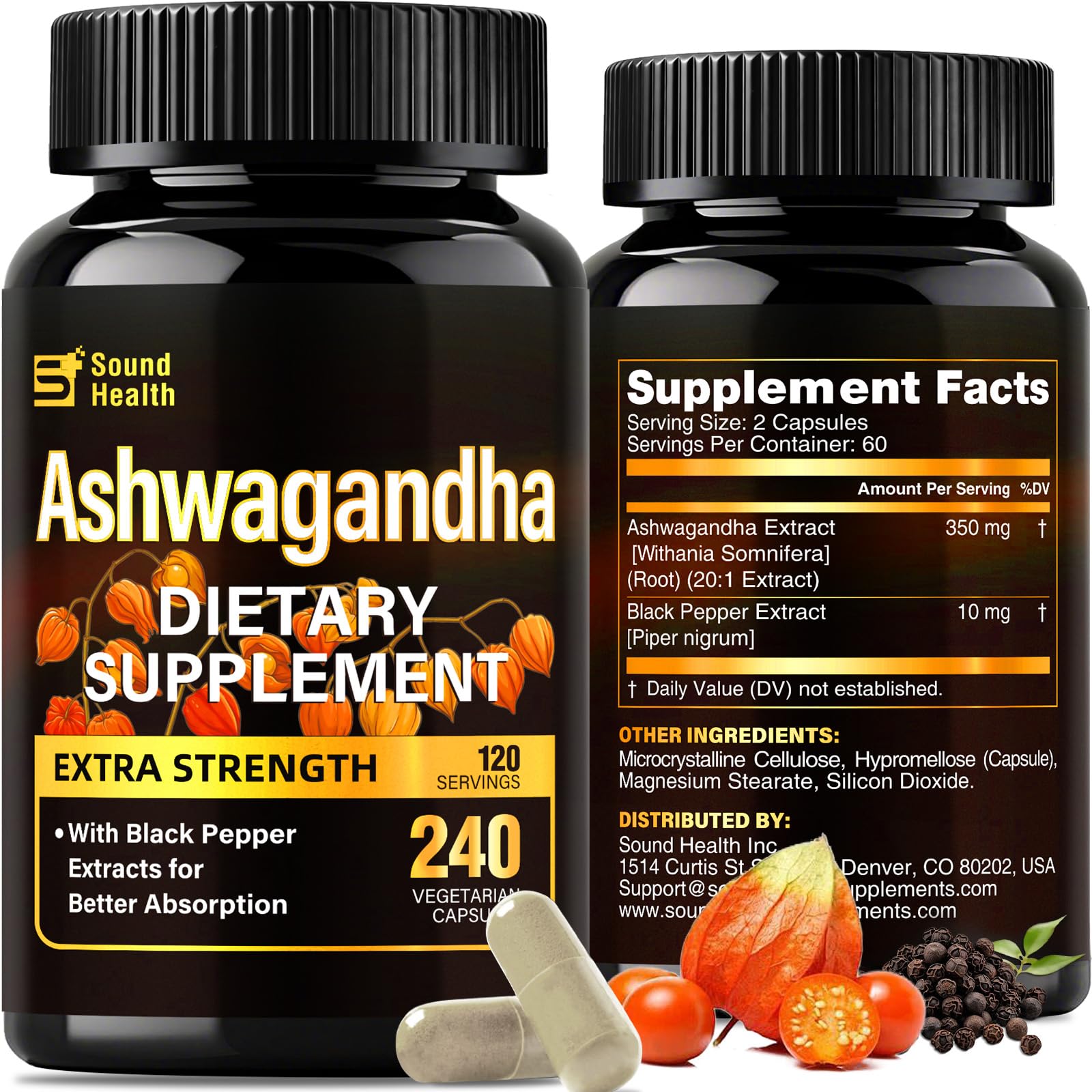 SoundHealth Ashwagandha capsules bottle front for daily wellness