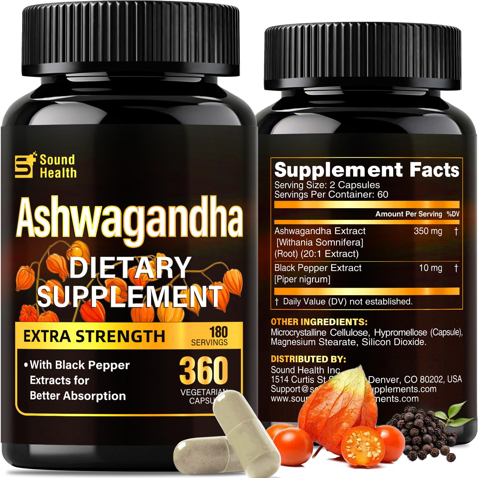 SoundHealth Ashwagandha capsules bottle with a 360-count supply for daily wellness.