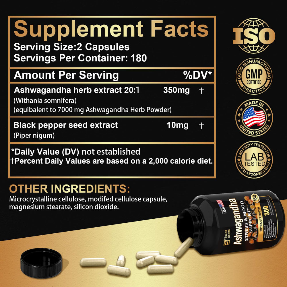 SoundHealth Ashwagandha capsules label showing premium ingredients and 20:1 extract.