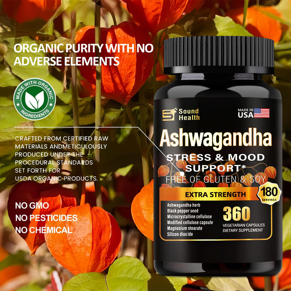 SoundHealth Ashwagandha capsules pouring shot for easy daily taking.