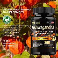 SoundHealth Ashwagandha capsules pouring shot for easy daily taking.