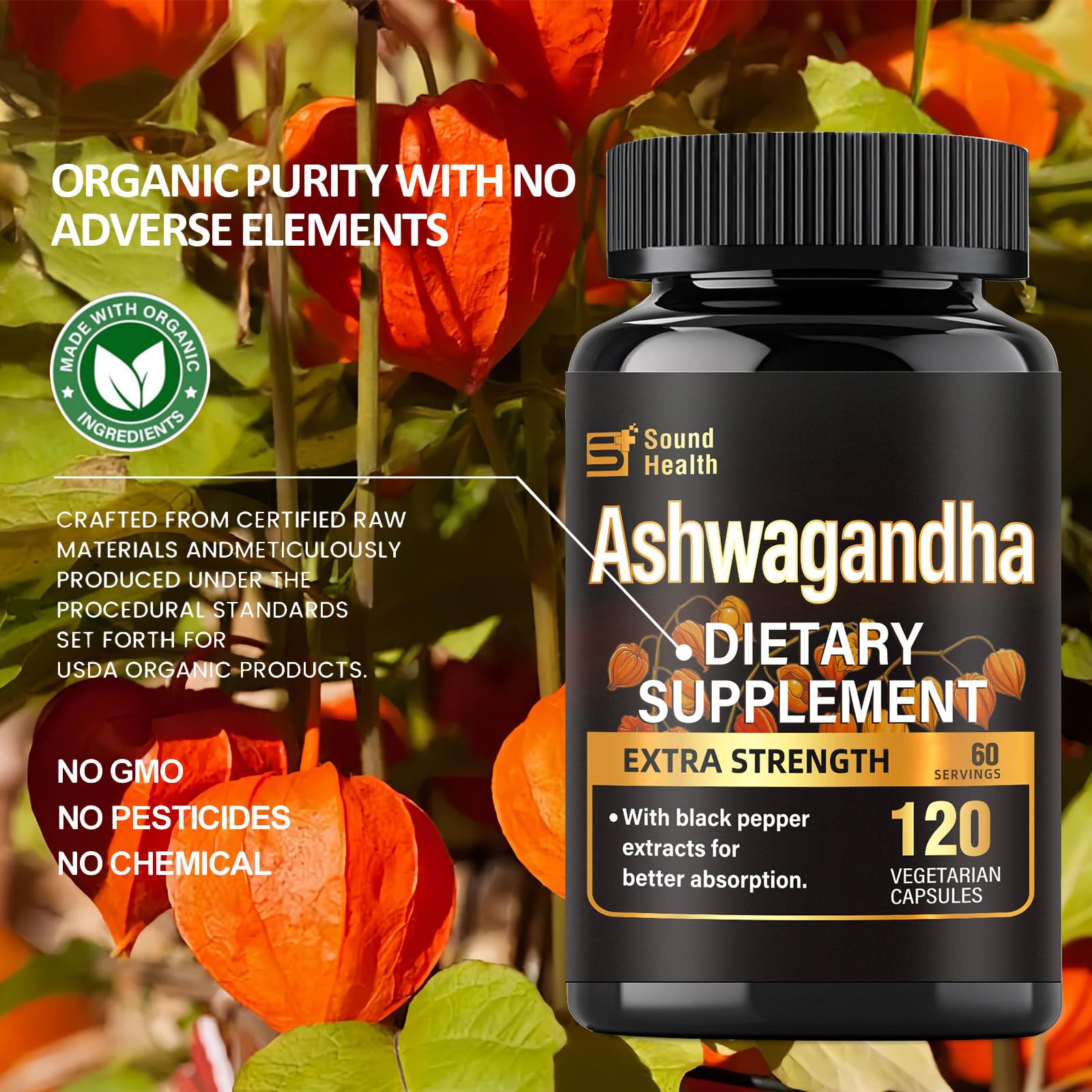 SoundHealth ashwagandha frasco de 120 cápsulas para uso diario