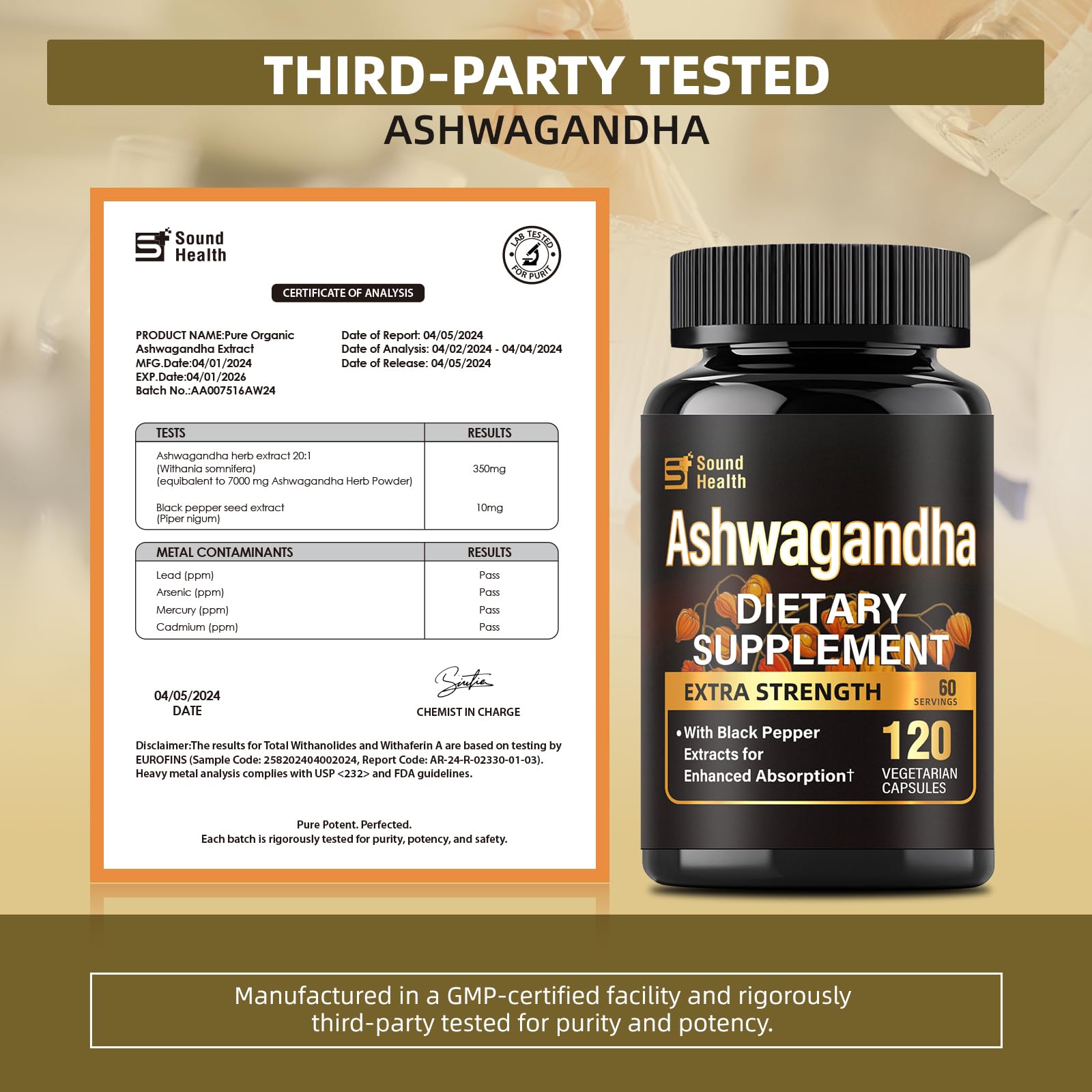 SoundHealth ashwagandha pimienta negra BioPerine para absorción