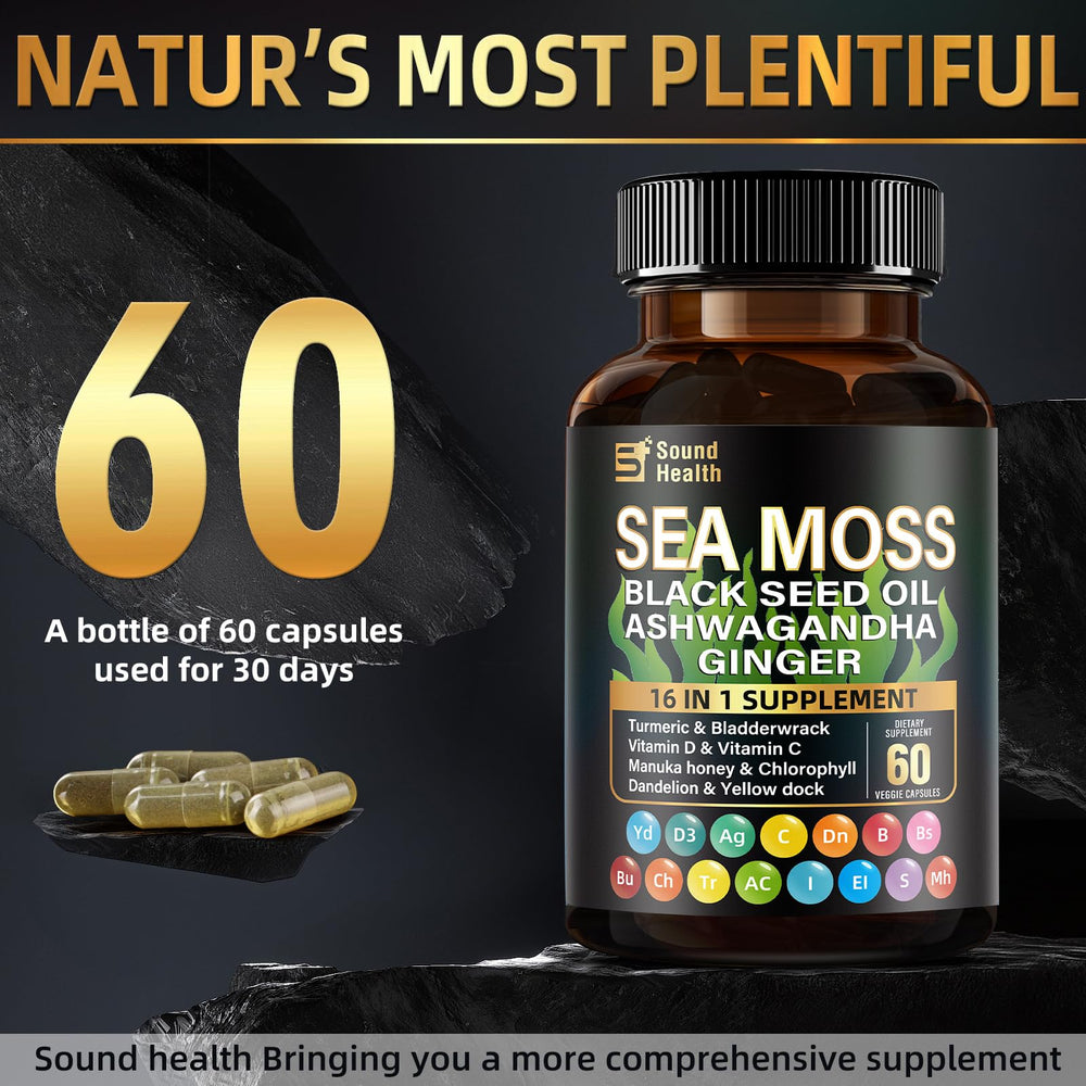 SoundHealth ingredients label highlights Ashwagandha, Turmeric, Bladderwrack for holistic wellness.