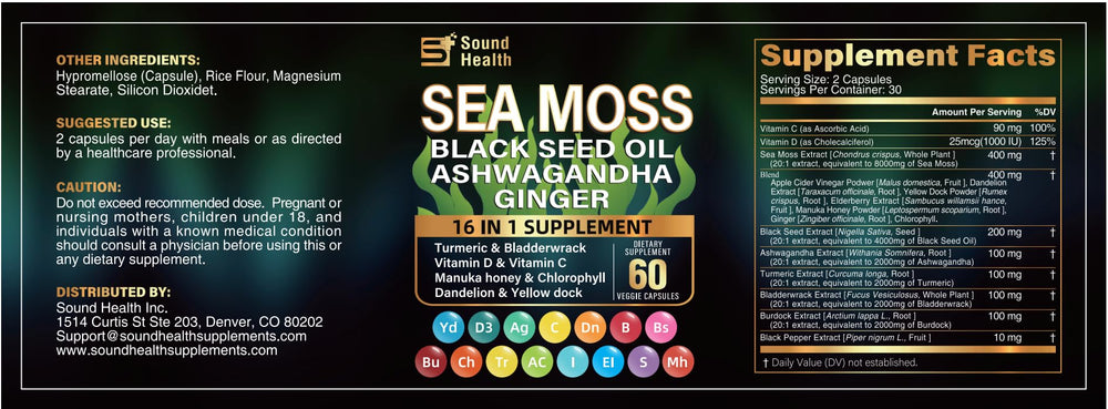 SoundHealth bottle on kitchen counter beside a glass of water.